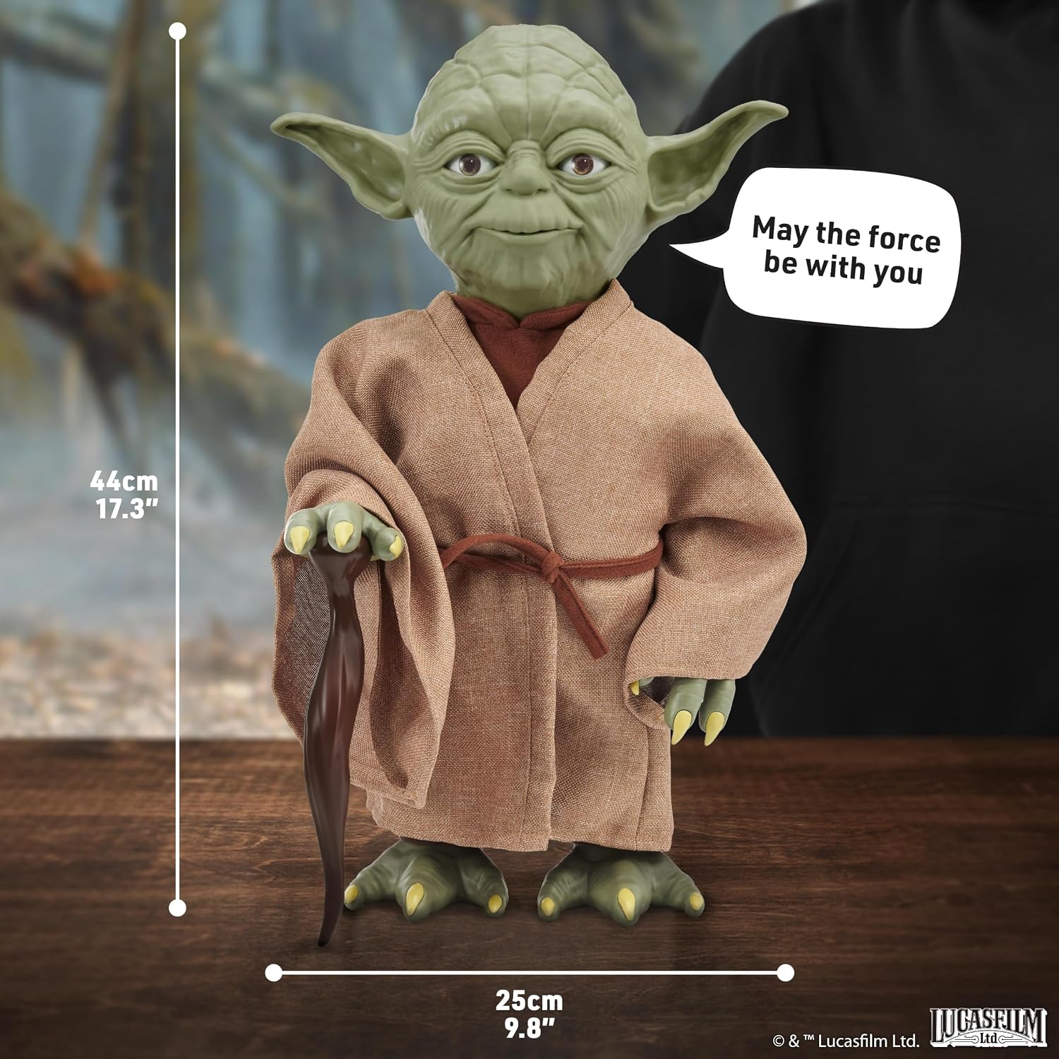 Scale diagram showing the Yoda Puppetronic at 44cm or 17.3 inches tall and 25cm or 9.8 inches wide