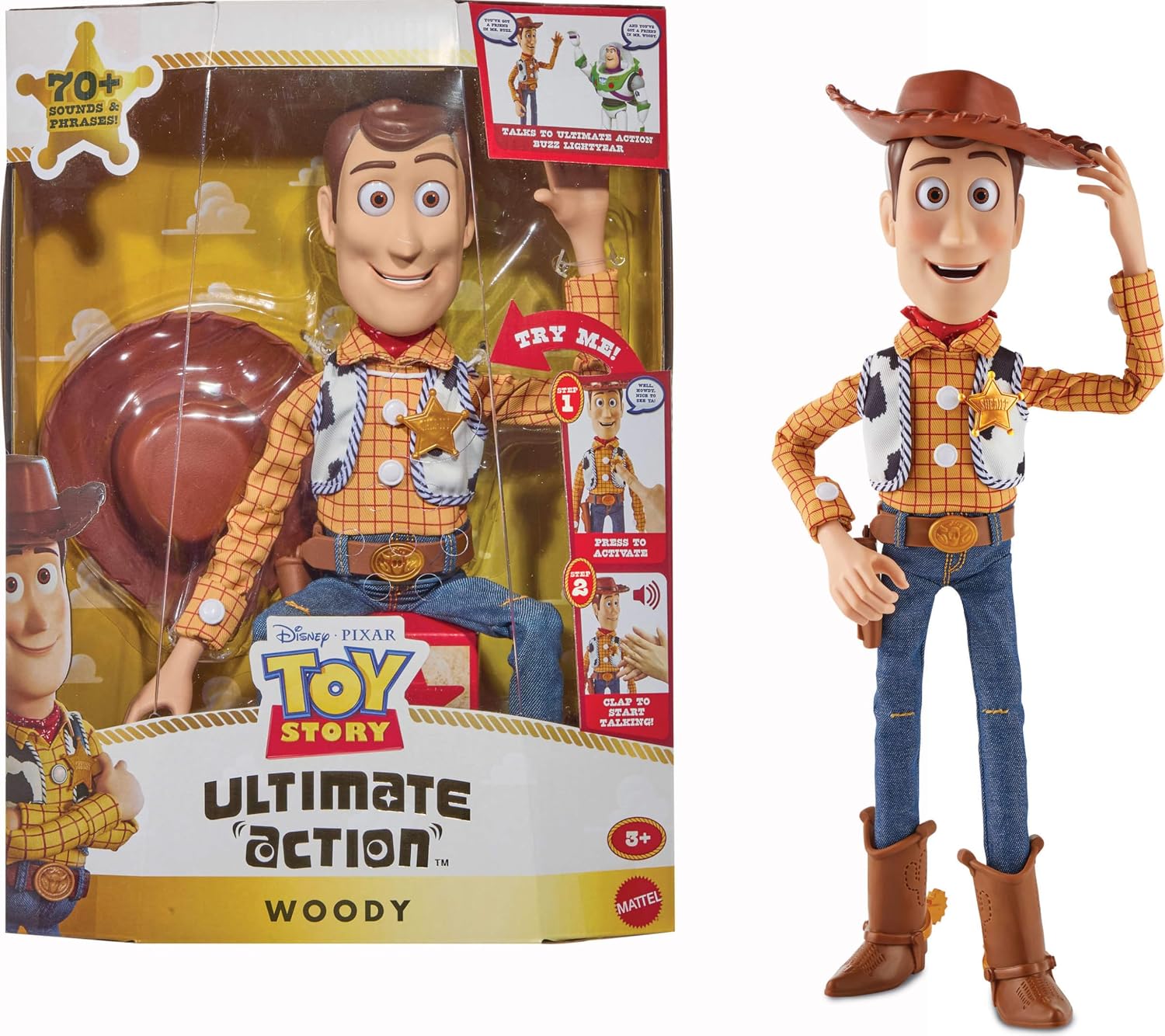 Mattel Toy Story 5 Ultimate Action Woody 16 inch figure shown beside its box
