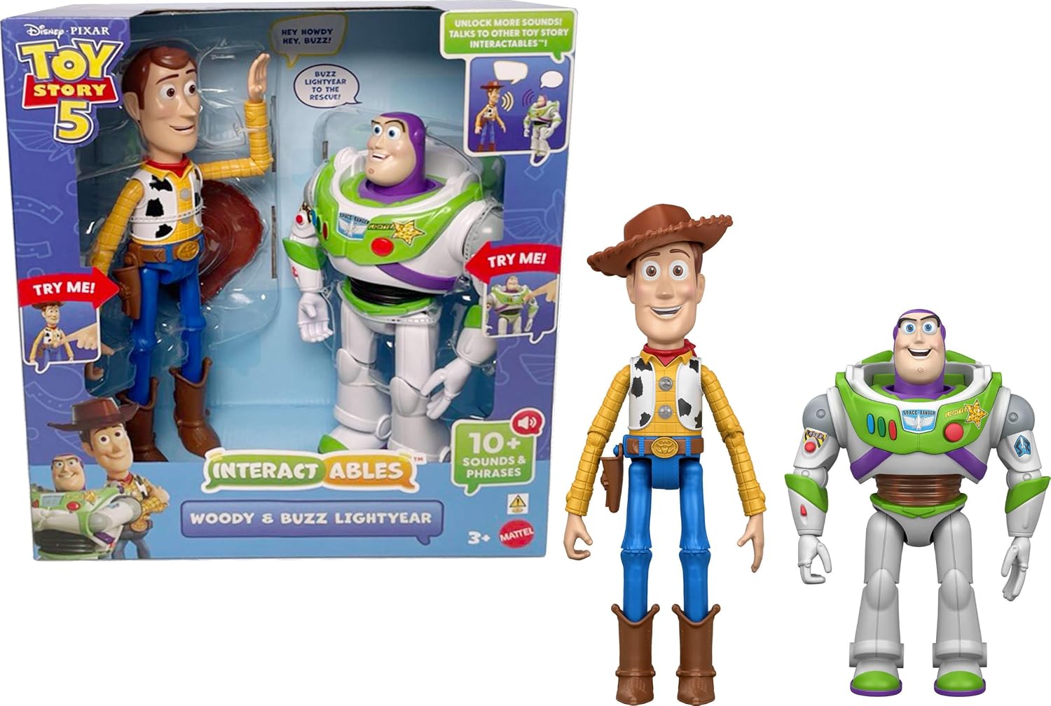Mattel Toy Story 5 Interactables Woody and Buzz Lightyear two-pack shown with its box