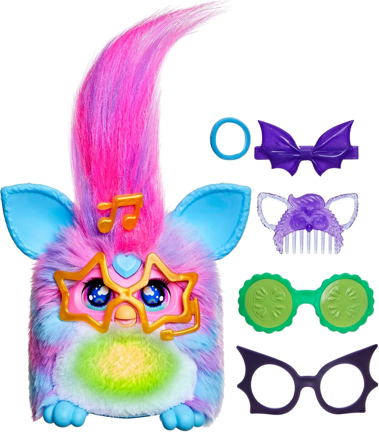 Furby Vibes Blue Razz interactive plush with its glasses and hair accessories