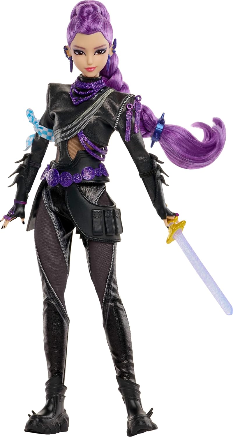 Mattel KPop Demon Hunters HUNTR/X Rumi Deluxe Fashion Doll in a removable battle look holding a sword