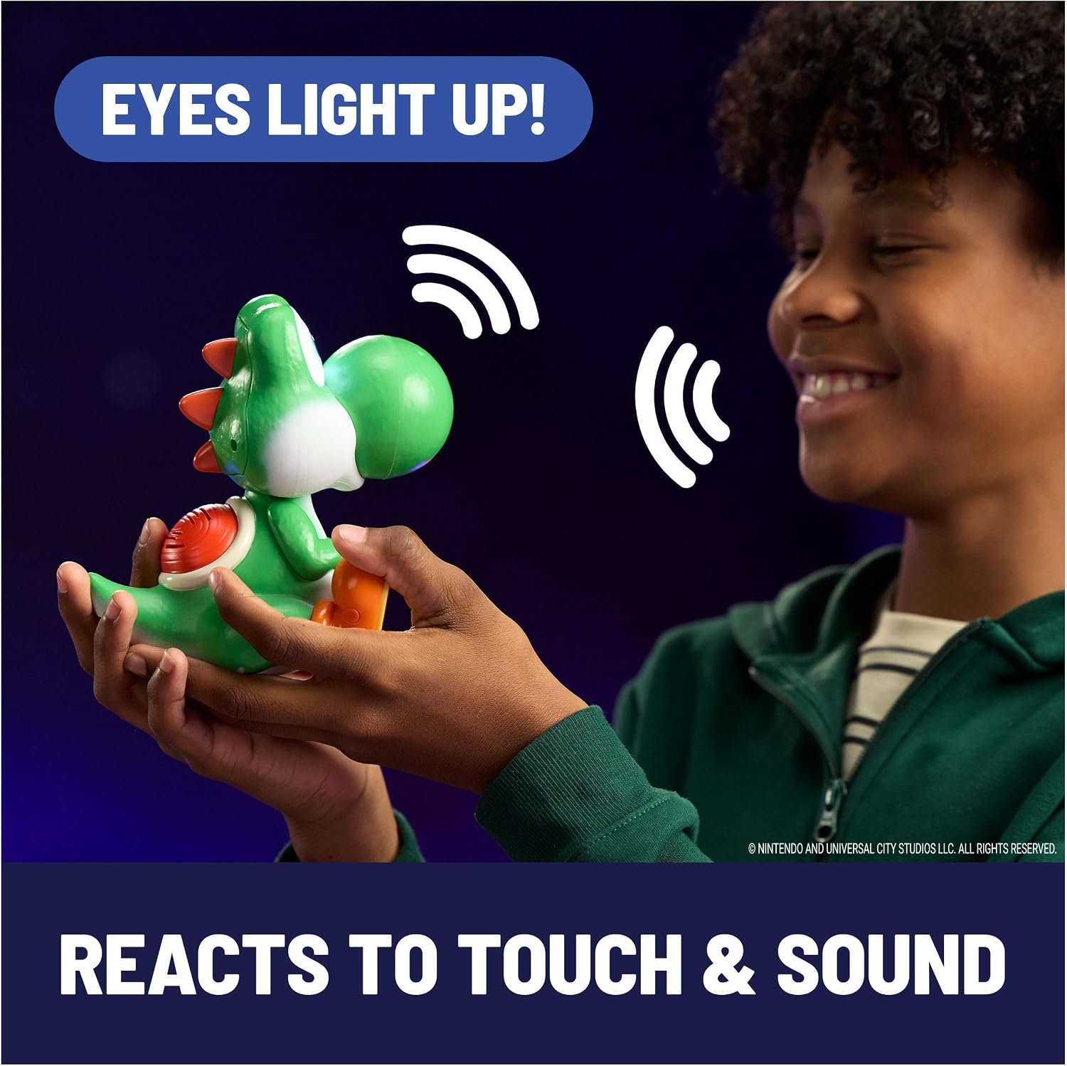 Hatchin' Yoshi reacting to touch with its eyes lit up