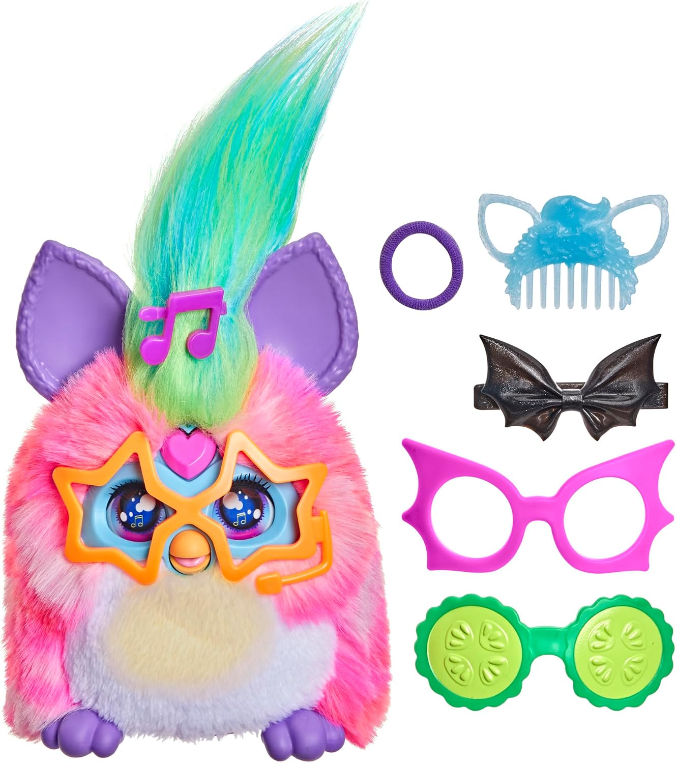Furby Vibes Rose Berry interactive plush with its three pairs of interactive glasses, comb, bow and ring
