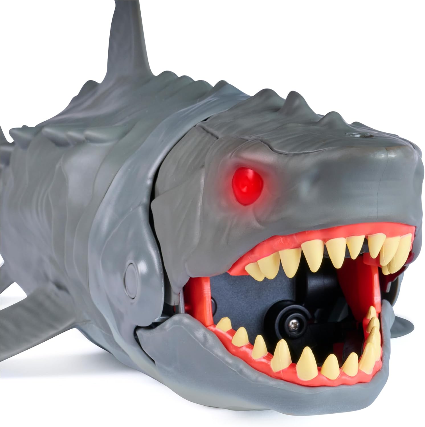 Close up of the Megalodon head with glowing red eye and open jaws