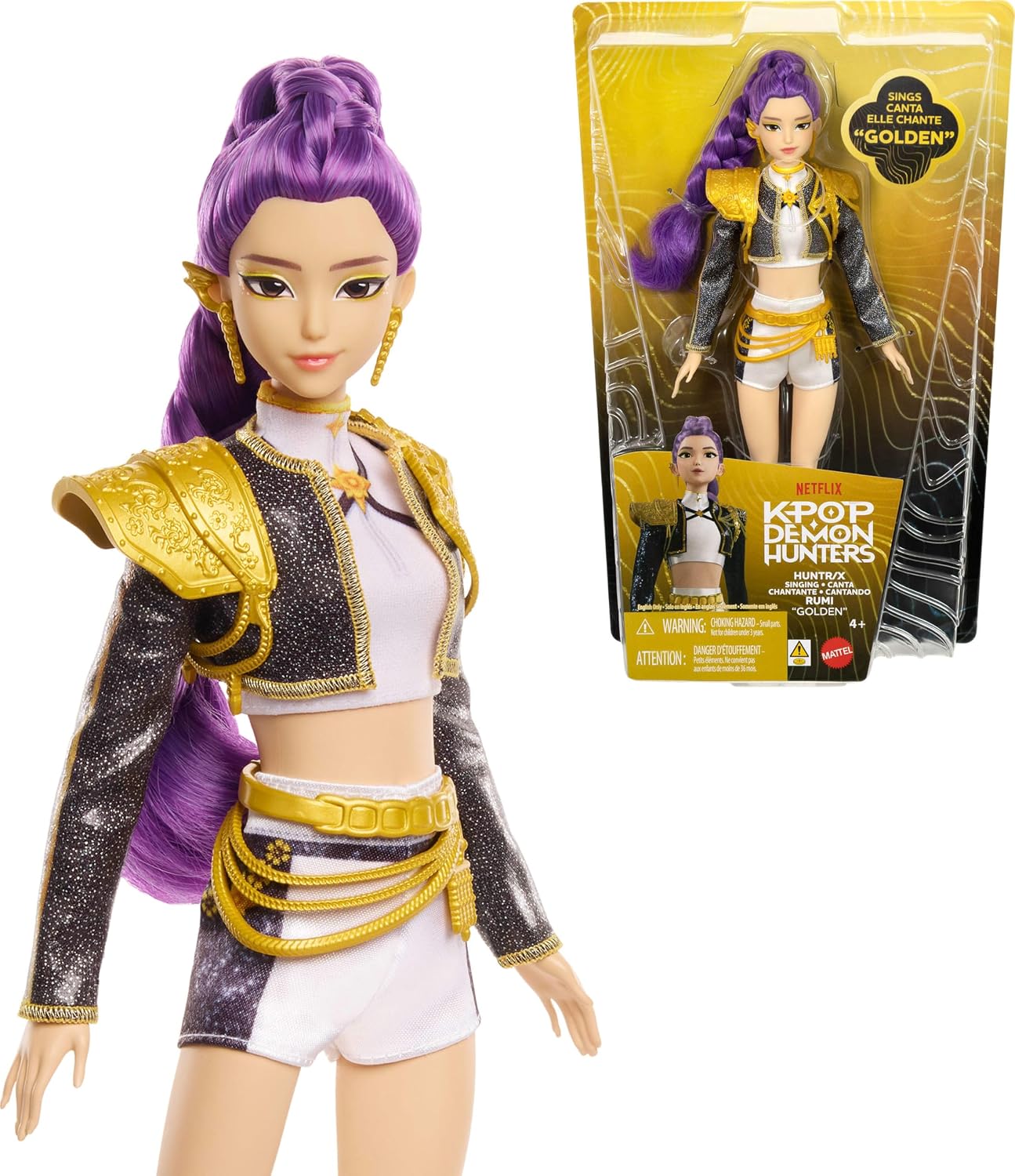 Mattel KPop Demon Hunters HUNTR/X Rumi Golden Singing Doll with purple hair, shown with its box