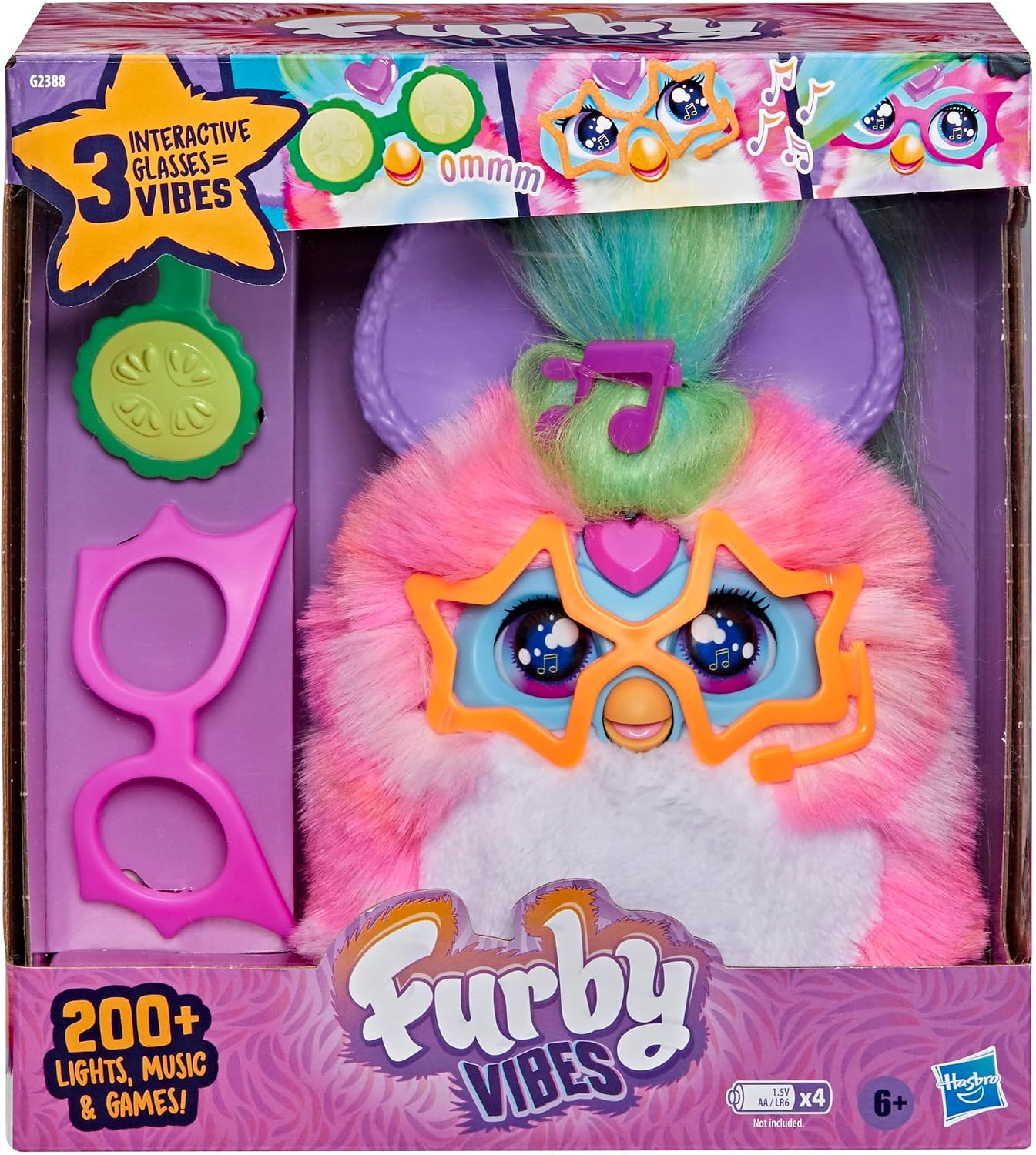 The Furby Vibes Rose Berry box showing three interactive vibes and 200 plus lights, music and games
