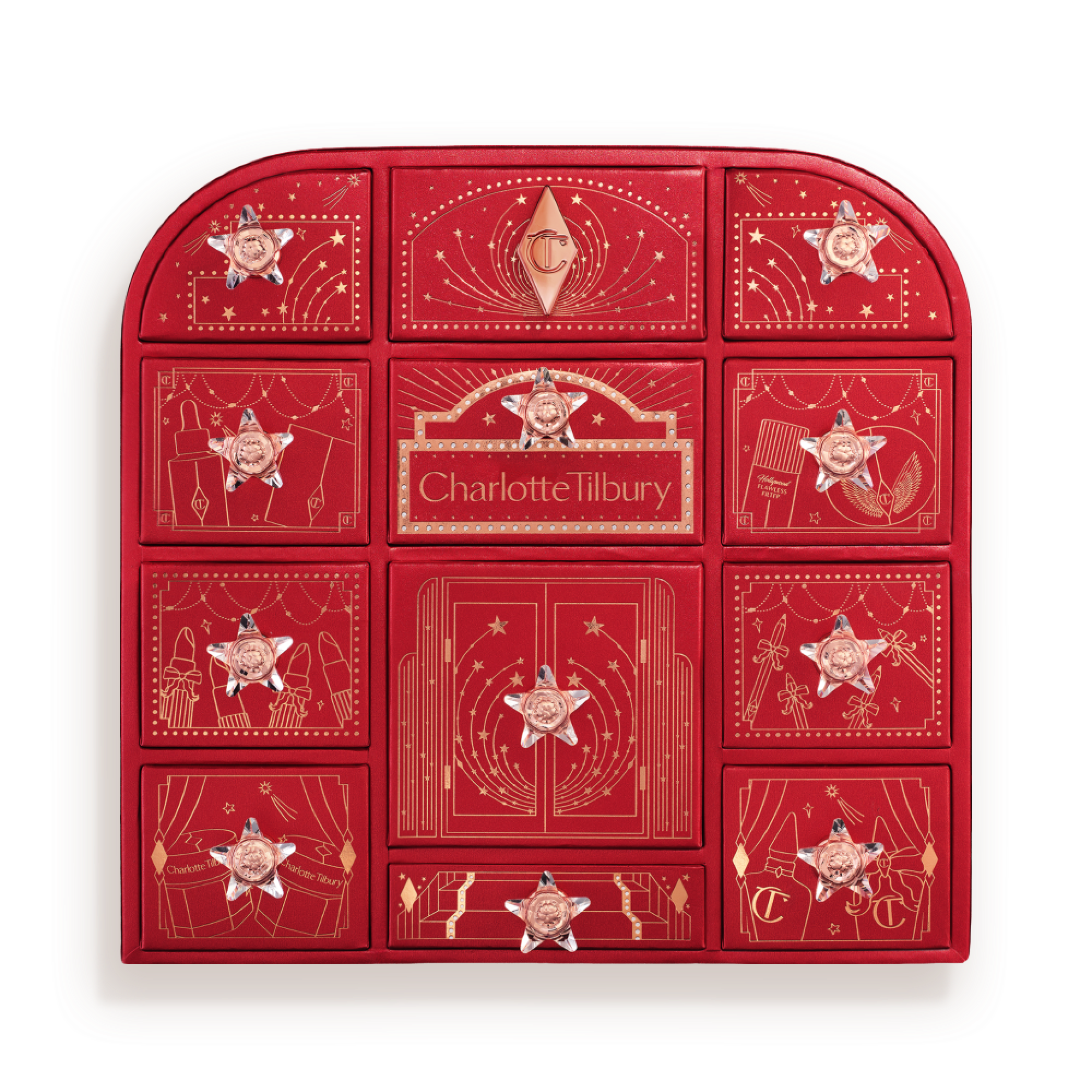 Charlotte's Hollywood Beauty Wonderland Advent Calendar 2026, a red lacquered chest with twelve star-pull drawers