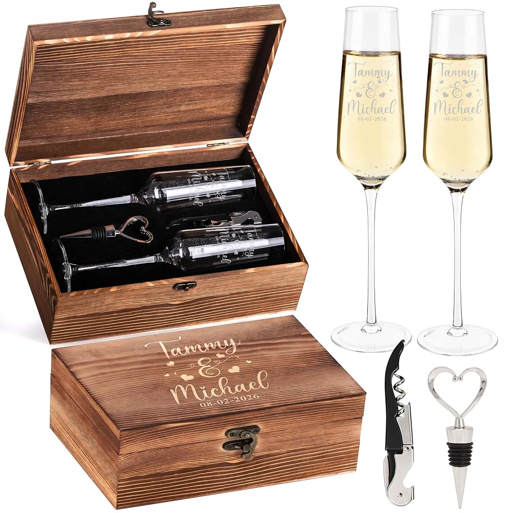 Personalized Champagne Flutes & Wood Box