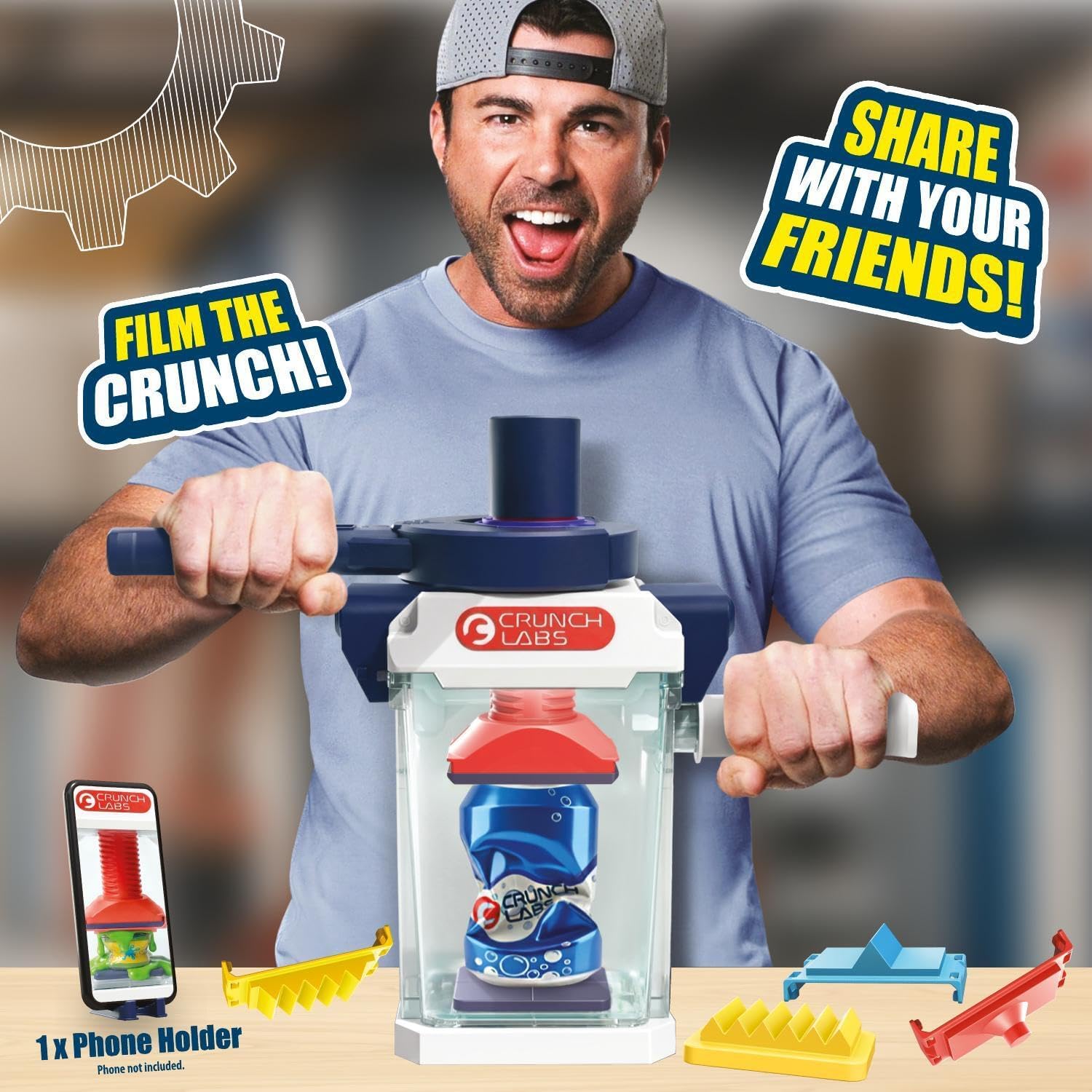 Mark Rober using the Crunchinator with a phone mounted to film the crush