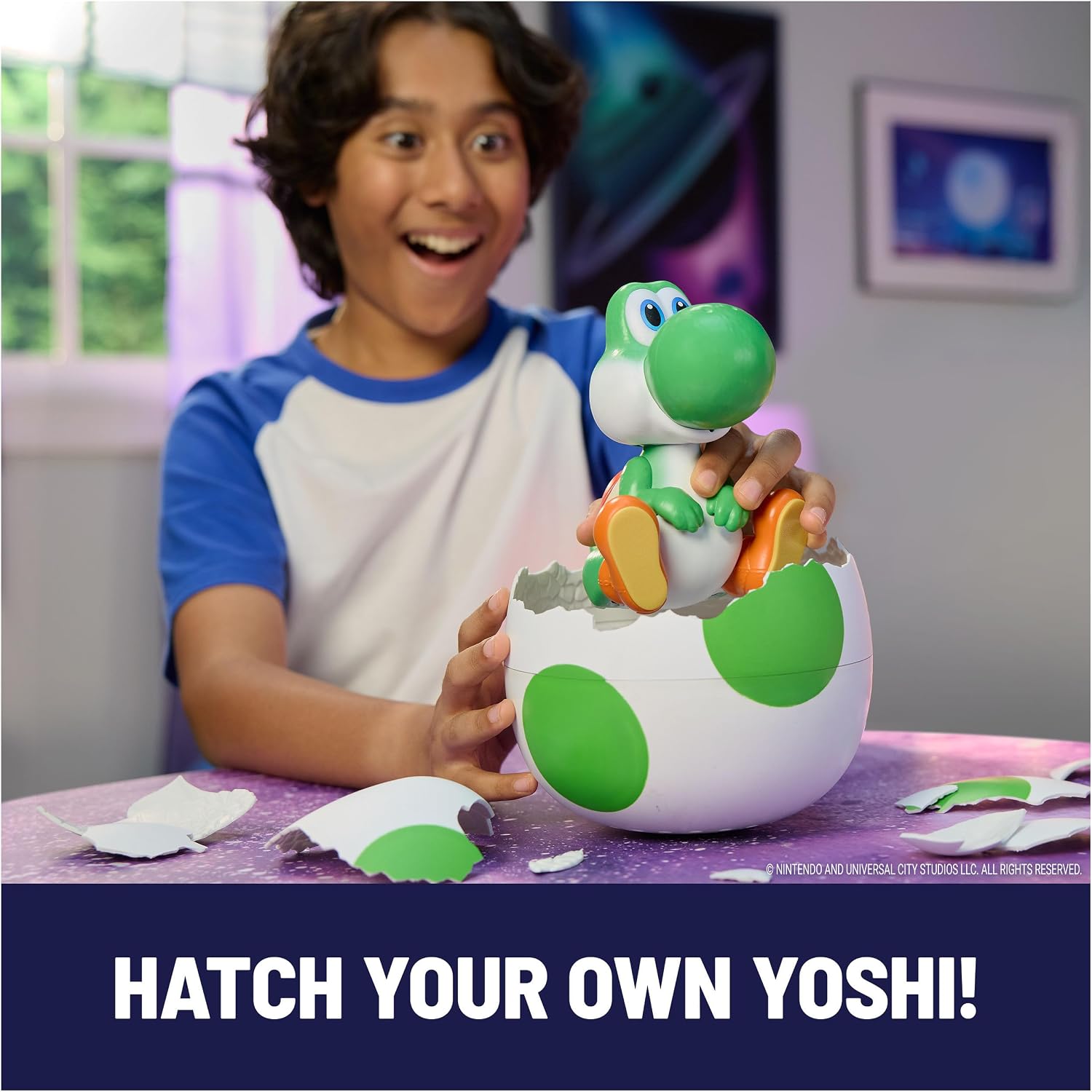 A child opening the cracked egg as Yoshi emerges