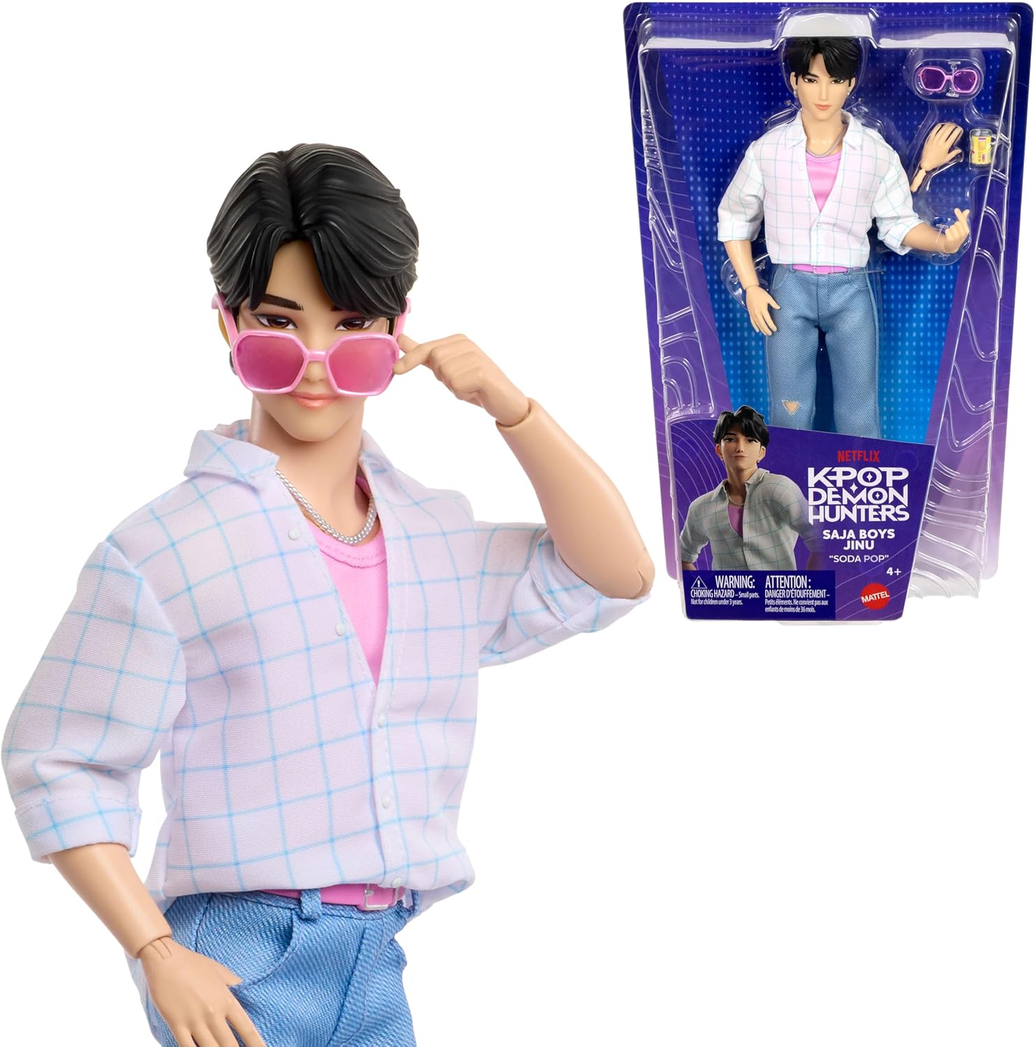 Mattel KPop Demon Hunters Saja Boys Jinu fashion doll in the Soda Pop performance look with pink sunglasses