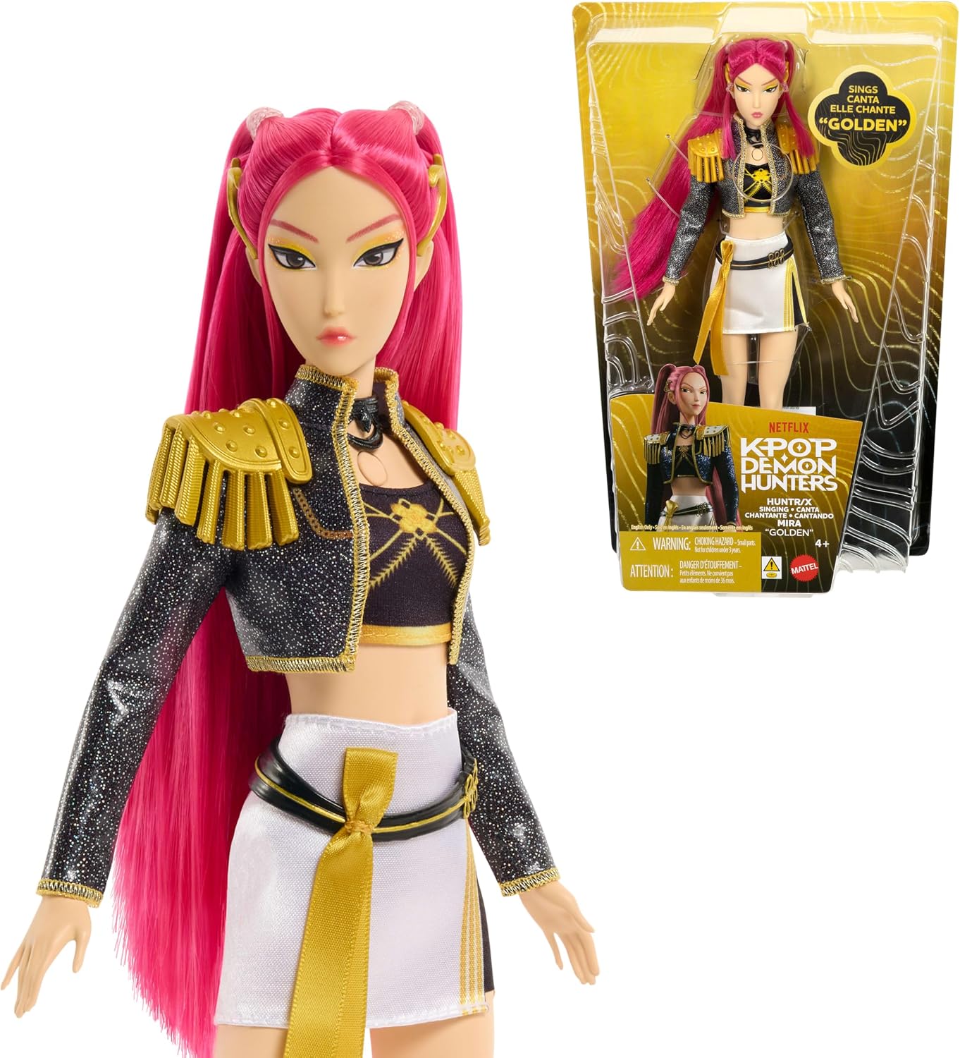 Mattel KPop Demon Hunters HUNTR/X Mira Golden Singing Doll with magenta hair, shown with its box