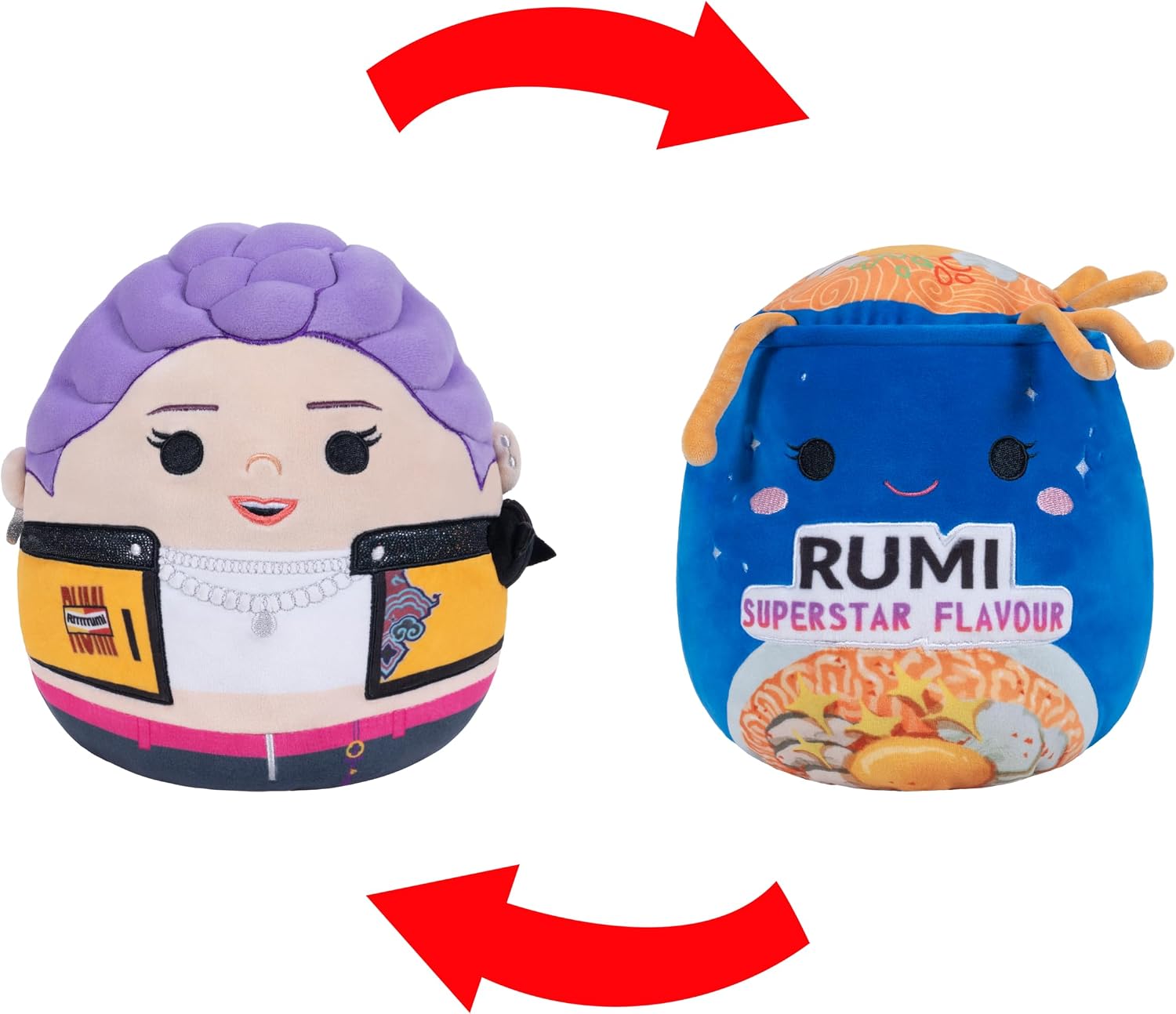 The Rumi FlipAMallows Squishmallow shown flipping between the character and a Rumi Superstar Flavour ramen cup