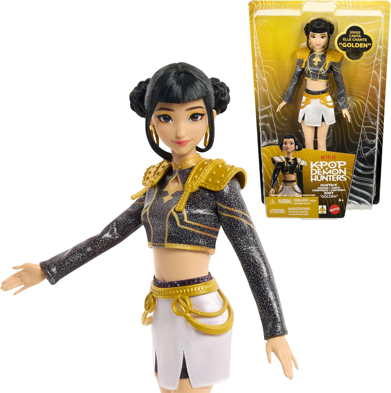 Mattel KPop Demon Hunters HUNTR/X Zoey Golden Singing Doll with black hair, shown with its box