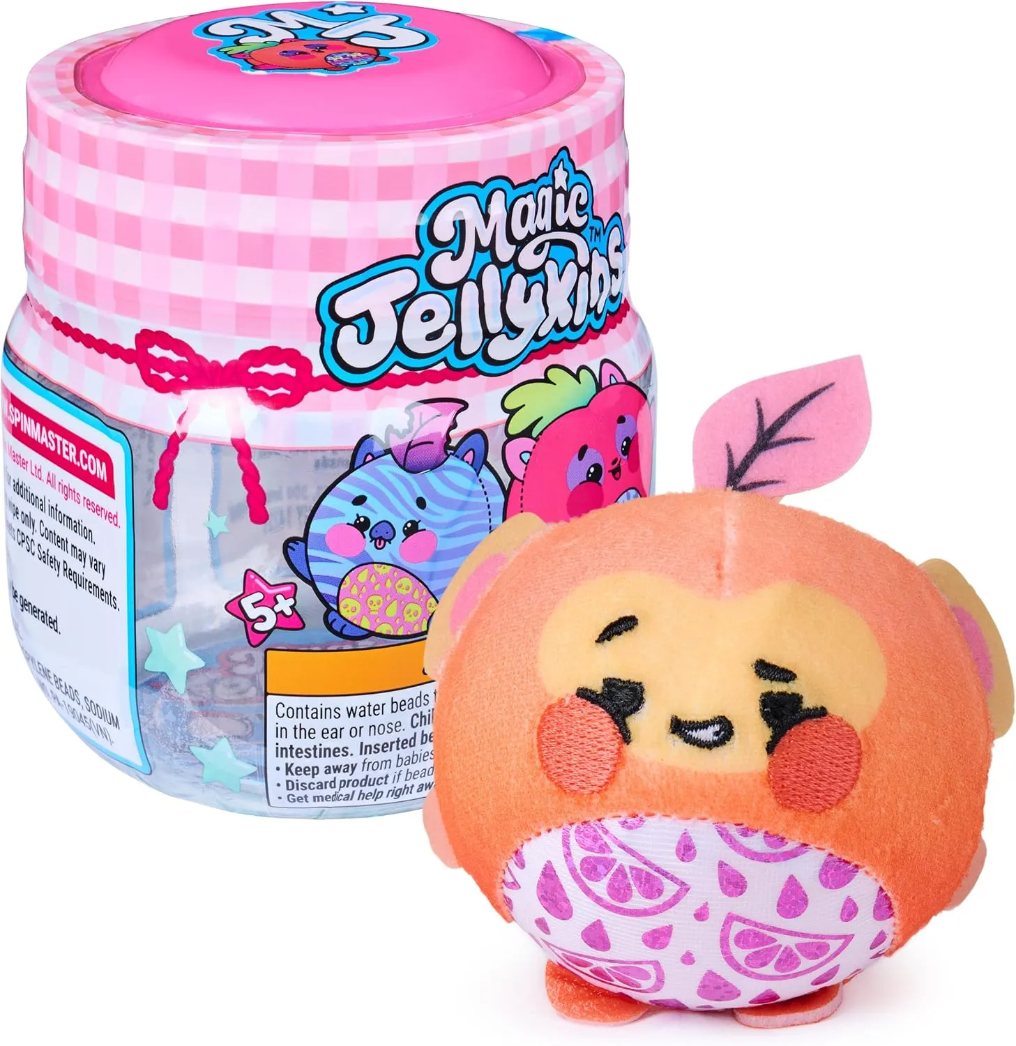 Magic Jellykins jar next to a revealed peach character plush