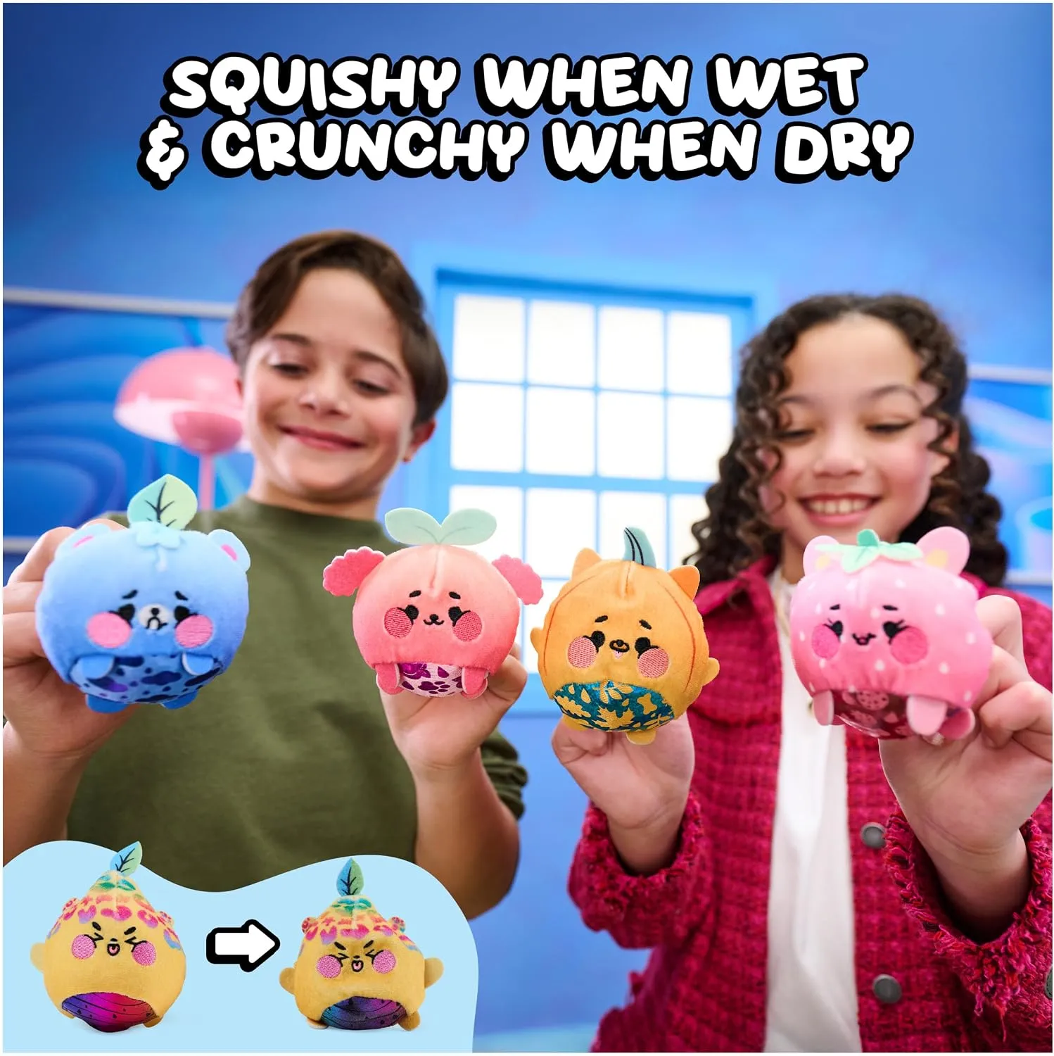 Two kids holding Magic Jellykins showing squishy when wet and crunchy when dry