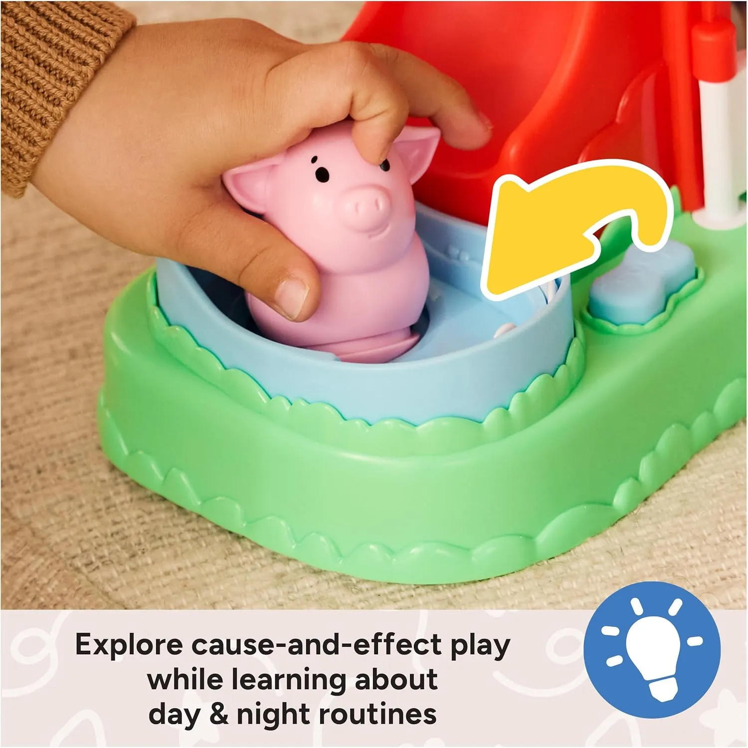 A hand placing the pig figure into the bath on the Ms. Rachel Learning Farm
