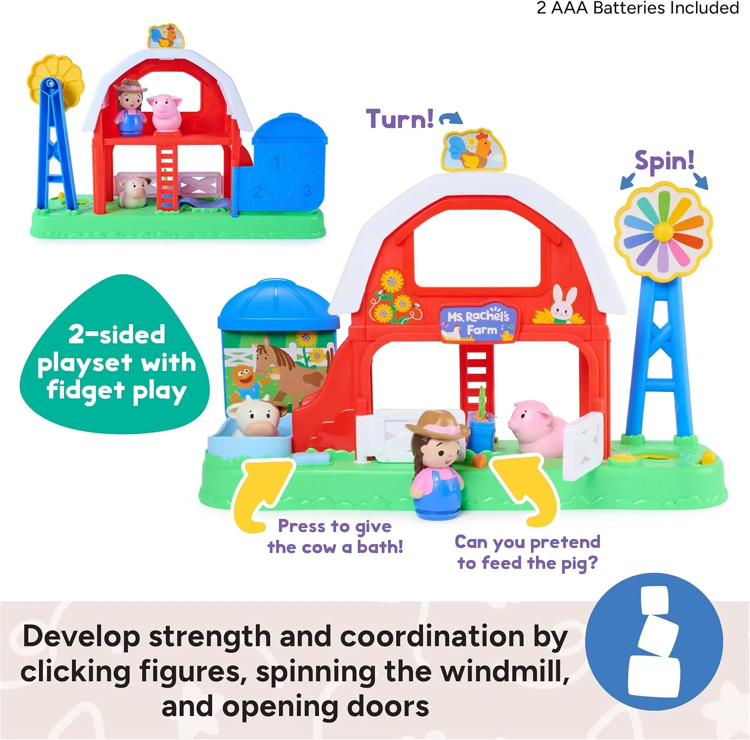 The two sided Ms. Rachel Learning Farm showing the windmill, silo and barn doors