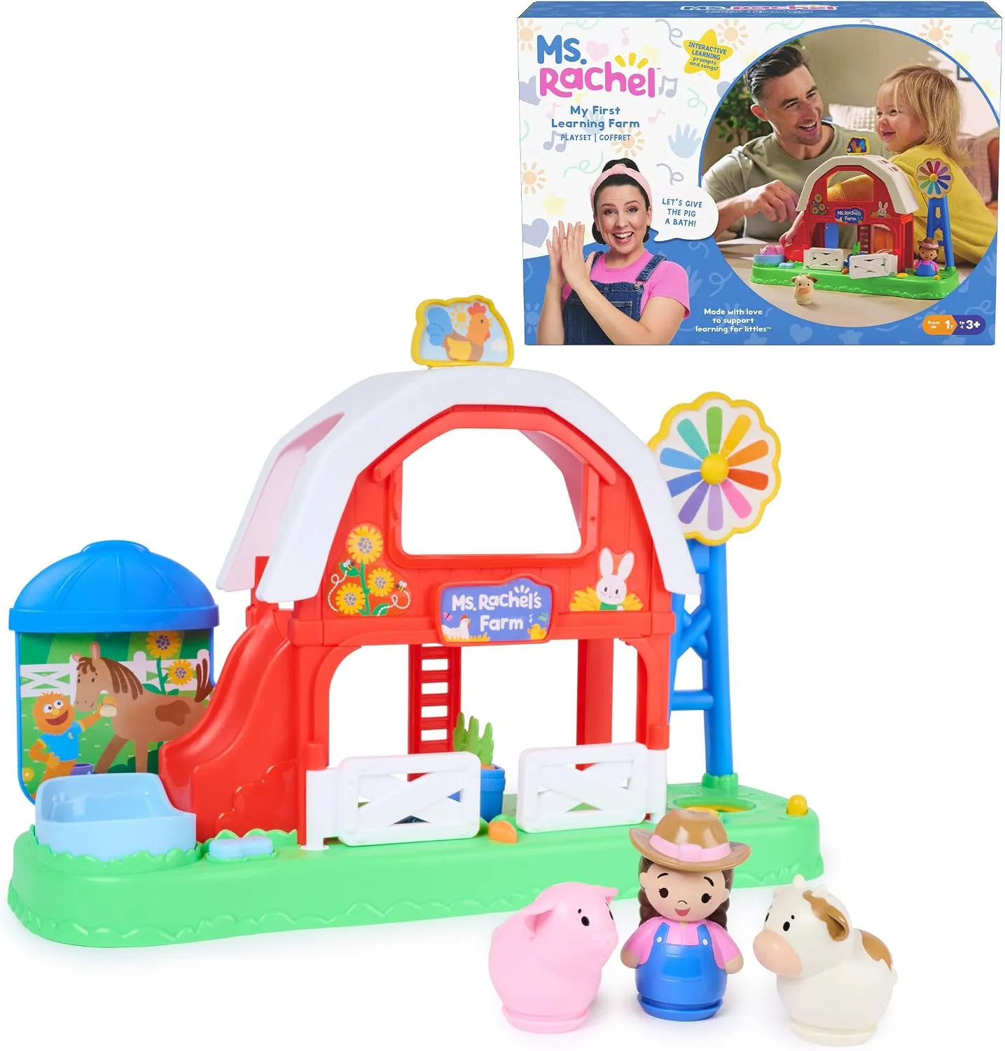 The Ms. Rachel My First Learning Farm playset with its box and three figures