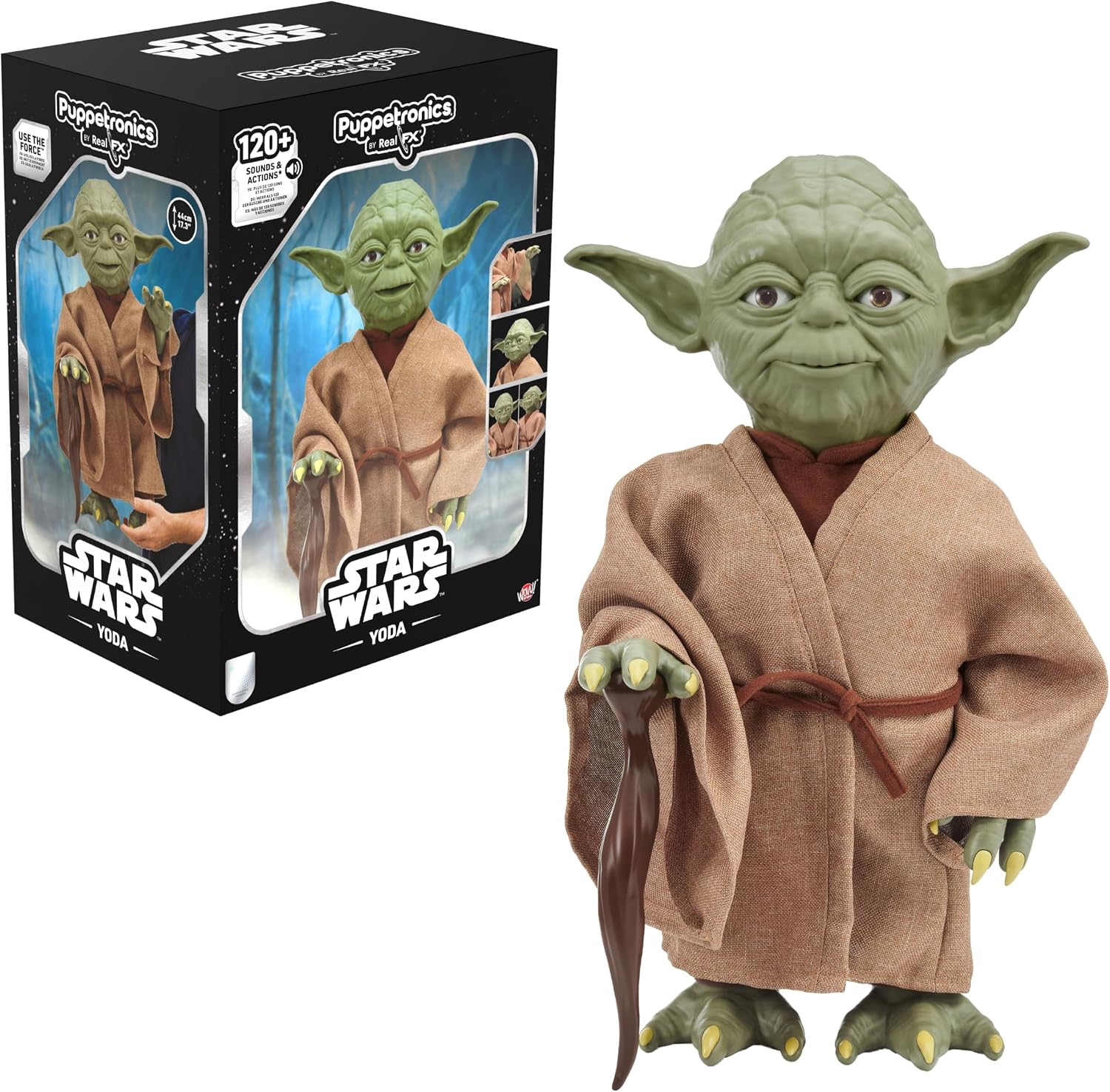 WOW! Stuff Star Wars Yoda Puppetronic by RealFX shown beside its premium display case