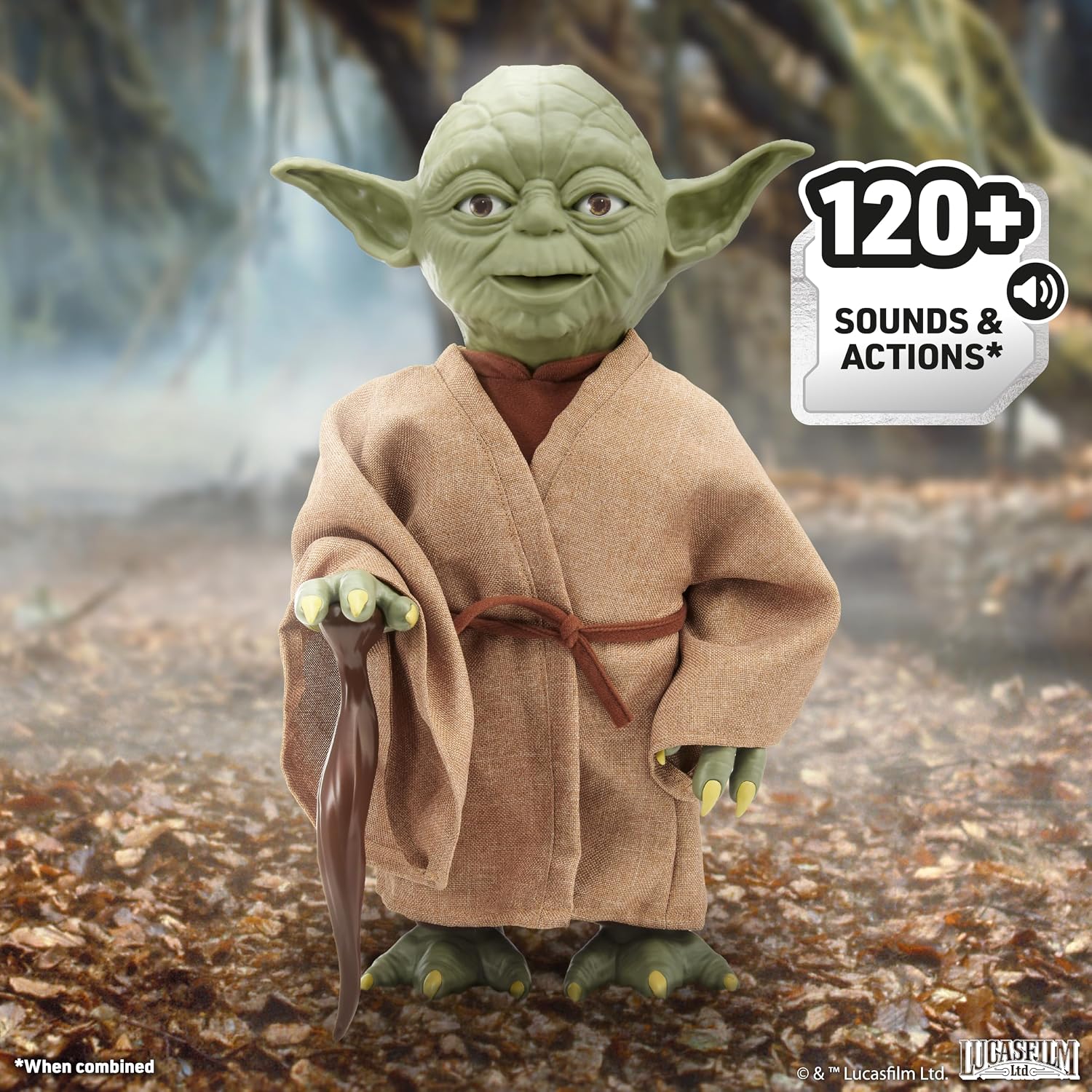 The Yoda Puppetronic standing in Jedi robes with his cane, captioned 120 plus sounds and actions